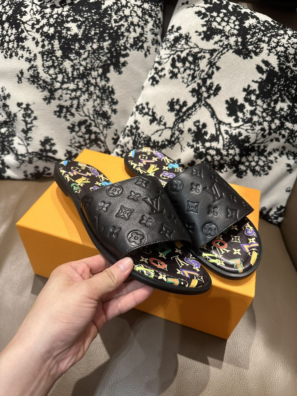 Louis Vuitton Black Embossed Slide Sandals - Open Toe